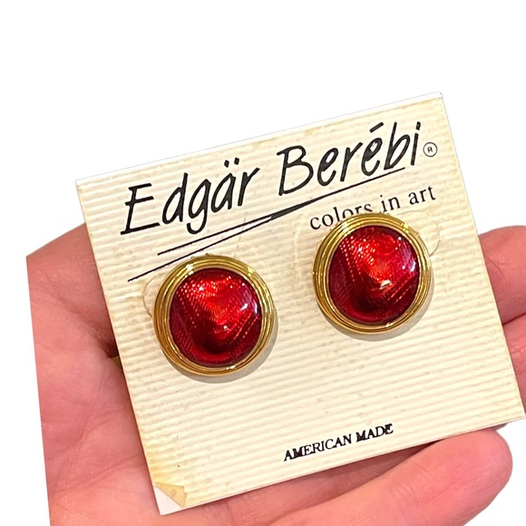 Vintage 1980s Edgar Berebi Gold finish earrings red enamel - Picture 2 of 10